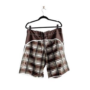Billabong Mens Board Shorts Plaid Embroidered Signature Trunks Brown Sz 36